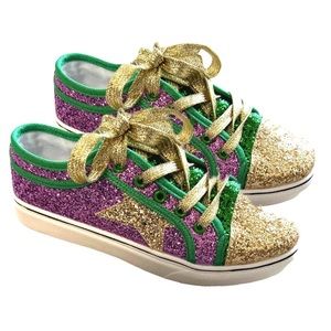 SOLD! Mardi Gras glitter sneakers size 8.5 (9) in women- New in bag. Gold laces.